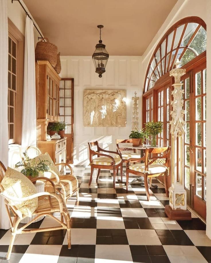 Elegant sunroom with checkerboard tile floor, arched windows, and rattan chairs