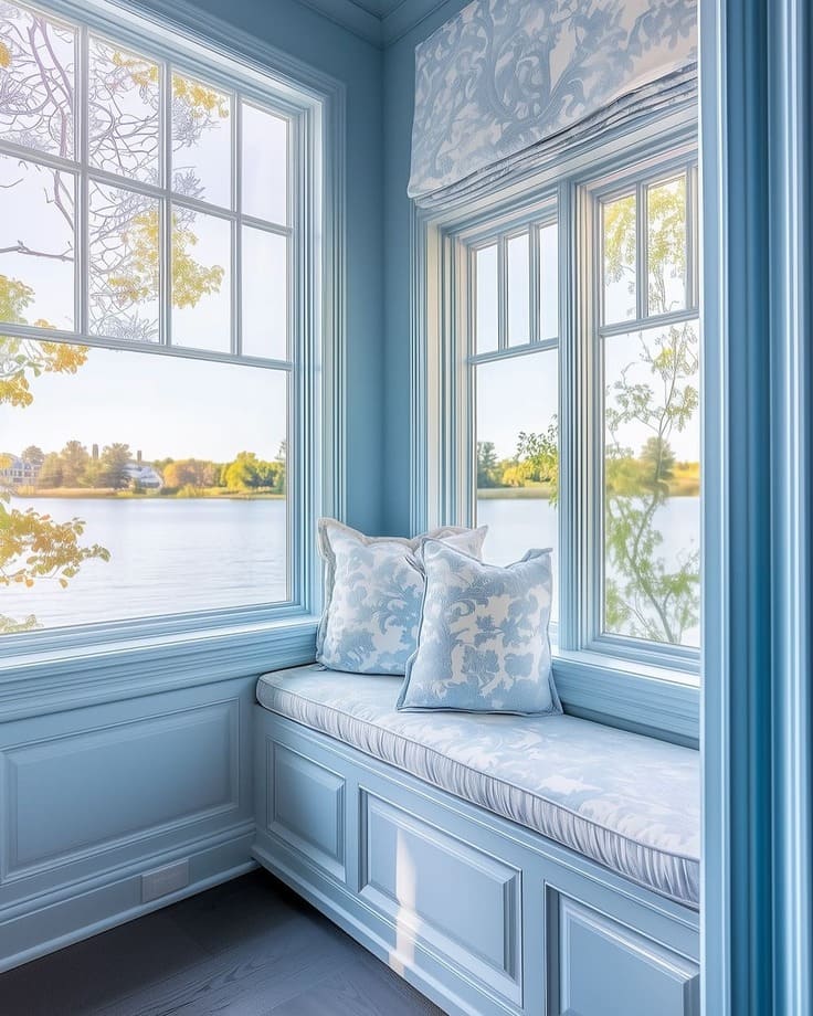 Pale blue window seat with damask pillows and views of a tranquil lake