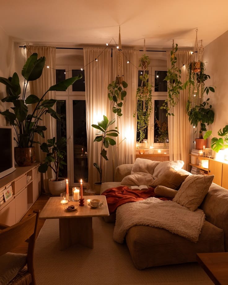 Candles, blankets, and plants all around