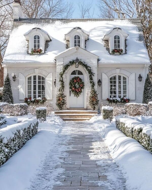 Cottage facade in snowy landscape decorated with wreaths and garlands.