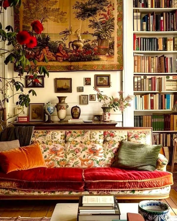 English cottage floral sofa with books and tapestry decor