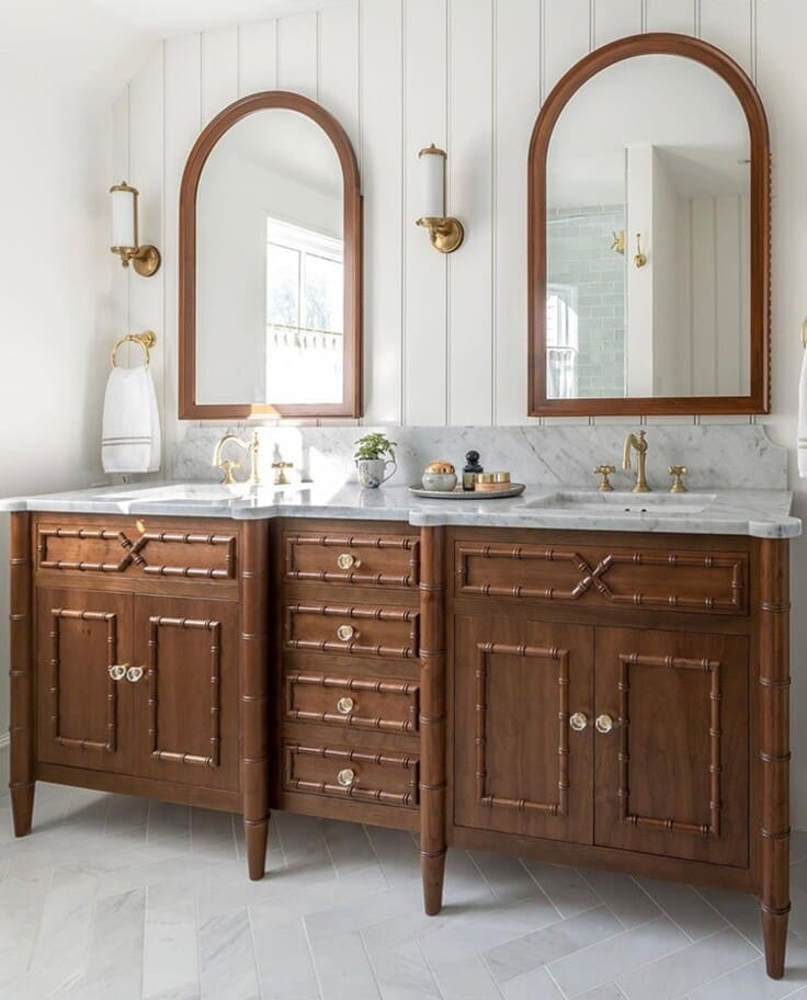 dark wood vanity with bamboo detailing and marble top