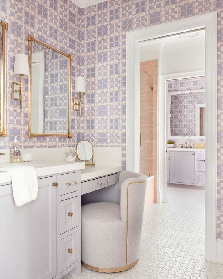 Lilac plaid bathroom wallpaper with lavender vanity and gold mirrors