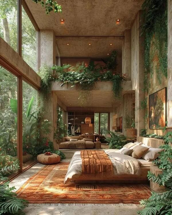 Jungle-inspired botanical bedroom with floor-to-ceiling windows and lush greenery