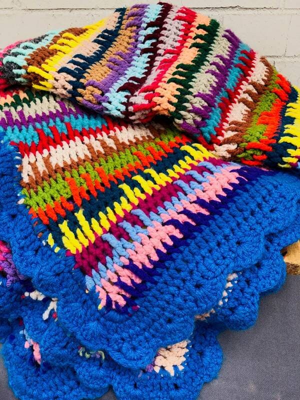 Vintage Crocheted Blanket With Bright Bohemian Colors 