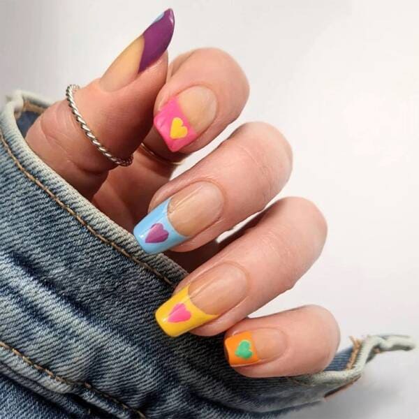 Rainbow french tips heart nail