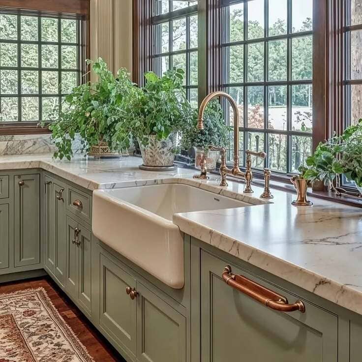 French country kitchen with green cabinets and farmhouse sink