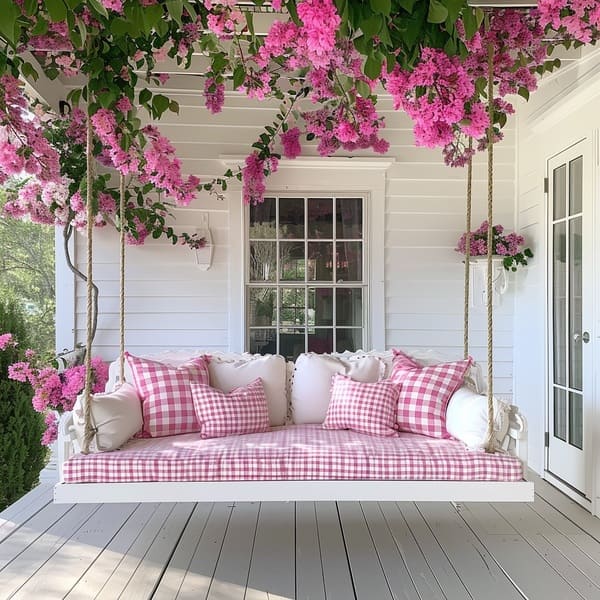A white-painted porch with a daybed swing with pink gingham-cushioned pillows flanked by blooming pink bougainvillea above.