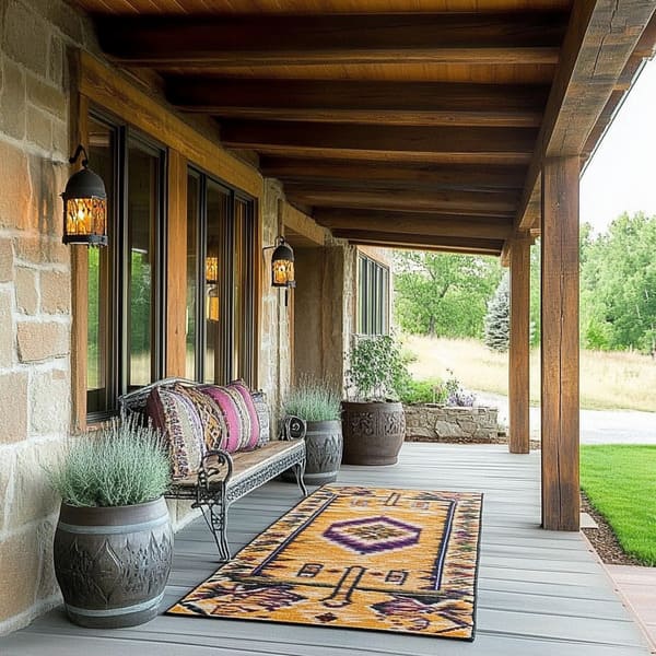 A rustic wood porch furnished with Moroccan-style hanging lanterns, a weathered bench with printed pillows, terra-cotta planters and a faded rug.