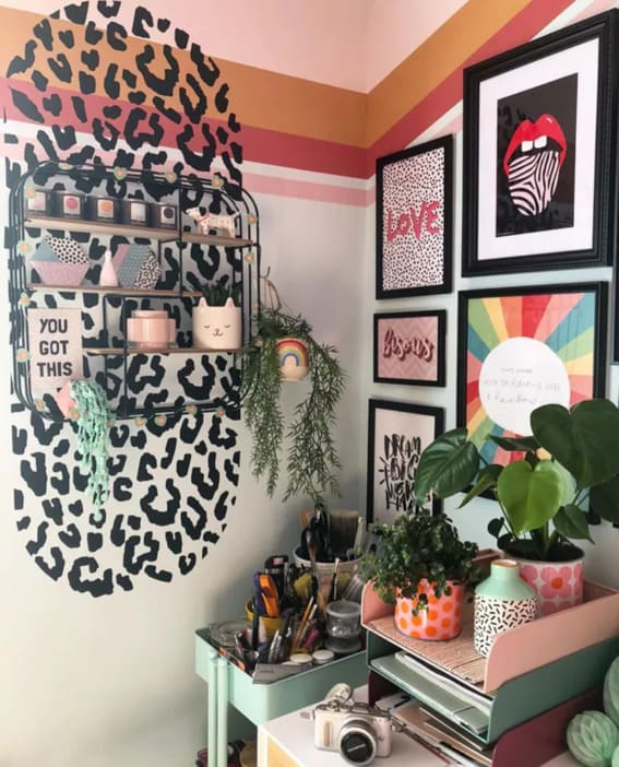 Vibrant and eclectic workspace with leopard print and colorful accents