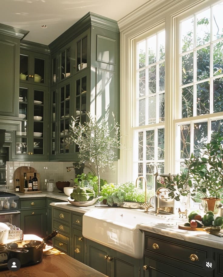 Traditional kitchen with olive green cabinets, glass uppers, brass hardware, and a farmhouse sink beneath large sunlit windows
