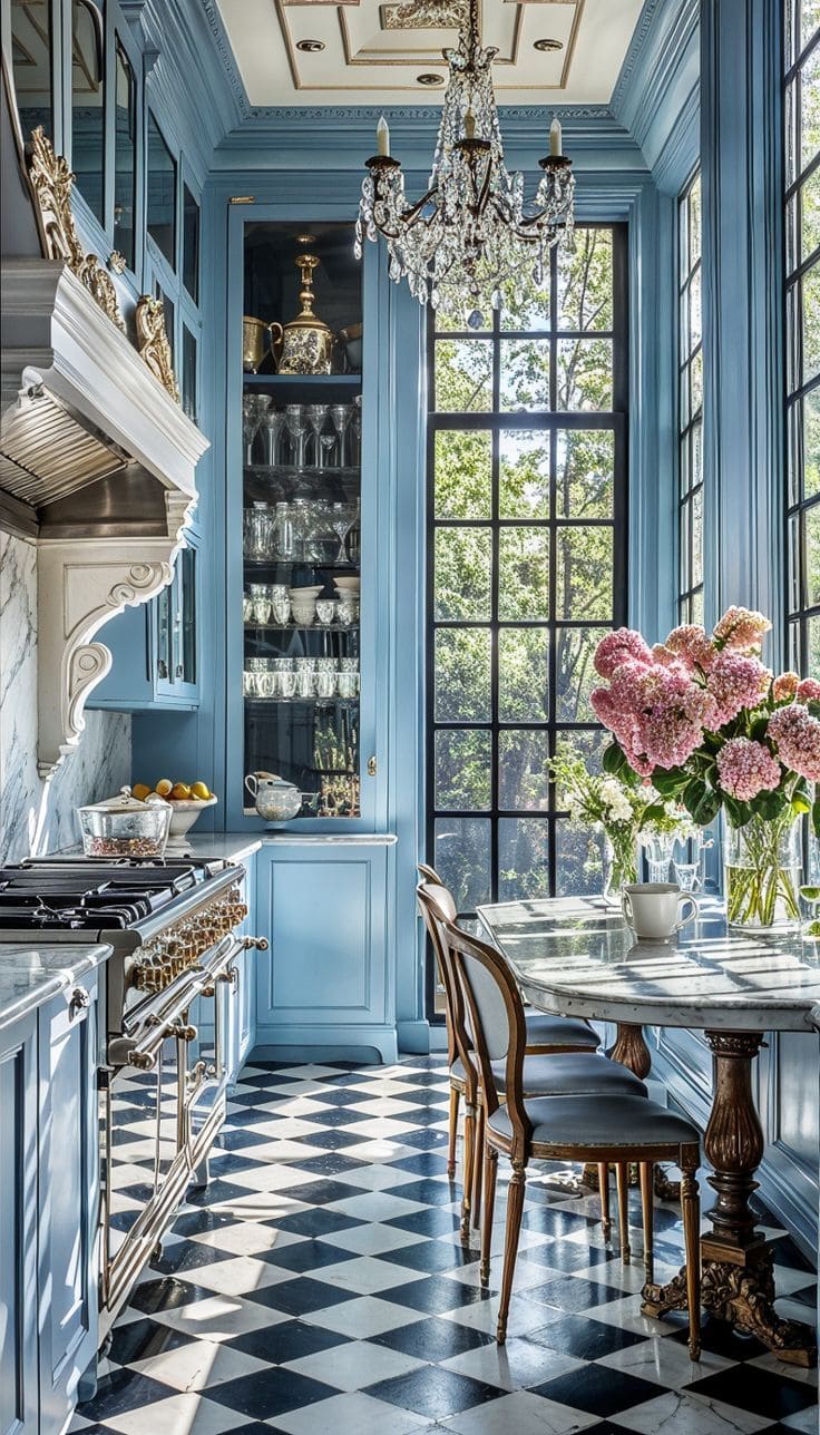 French country kitchen with blue cabinetry and black and white floors