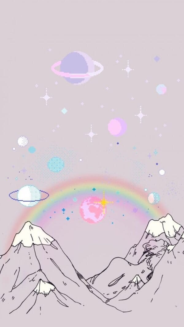 Galaxy and mountains with a pastel aesthetic