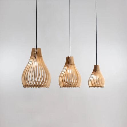 This wood pendant light creates an ambient atmosphere with a soft luminosity that is pleasant to look at on or off.