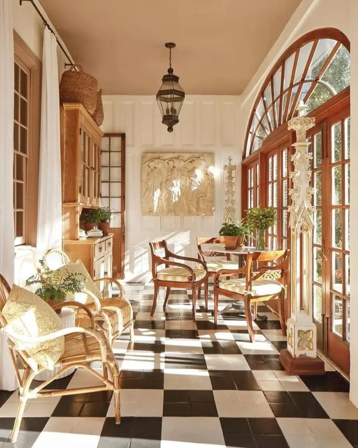 Elegant sunroom with checkerboard tile floor, arched windows, and rattan chairs
