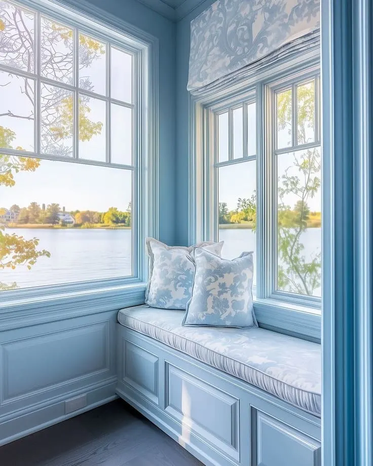 Pale blue window seat with damask pillows and views of a tranquil lake