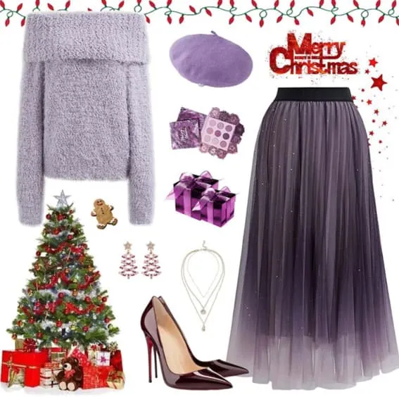 Pastel tulle skirt and cozy sweater for holiday festivities,