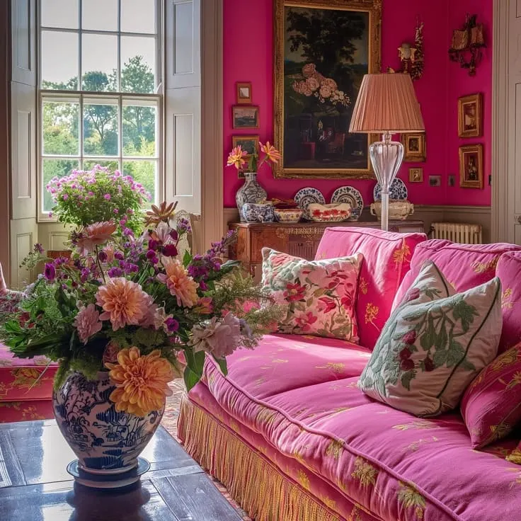 A rosy retreat filled with florals, antiques, and countryside charm