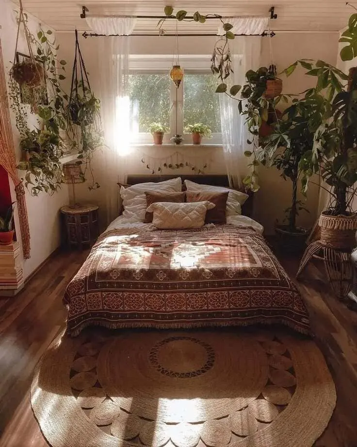 Cozy bedroom with hanging plants and warm earthy tones