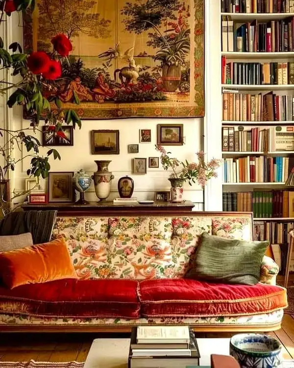 English cottage floral sofa with books and tapestry decor