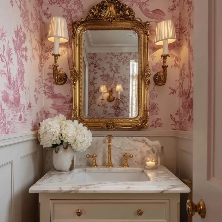 Pink toile bathroom wallpaper with a gold ornate mirror and marble vanity