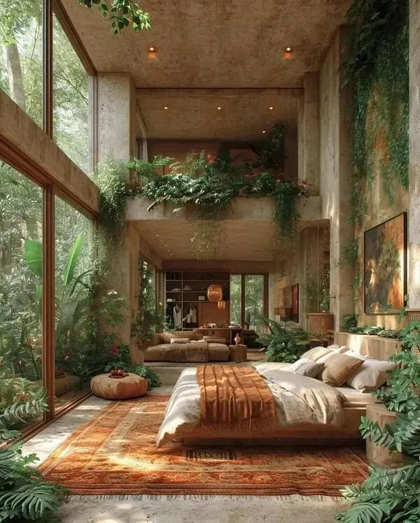 Jungle-inspired botanical bedroom with floor-to-ceiling windows and lush greenery