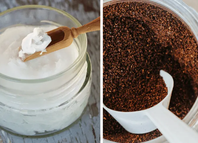 Coffee grounds in jar and coconut oil in jar with spoons to make a coconut coffee face mask mixture! 12 Beauty Hacks For Back To School! Everythingabode.com