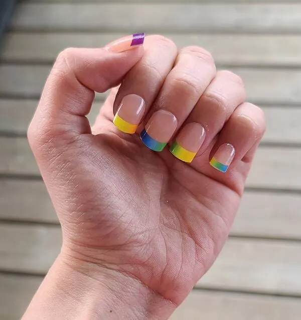 Rainbow gradient french manicure with clear top