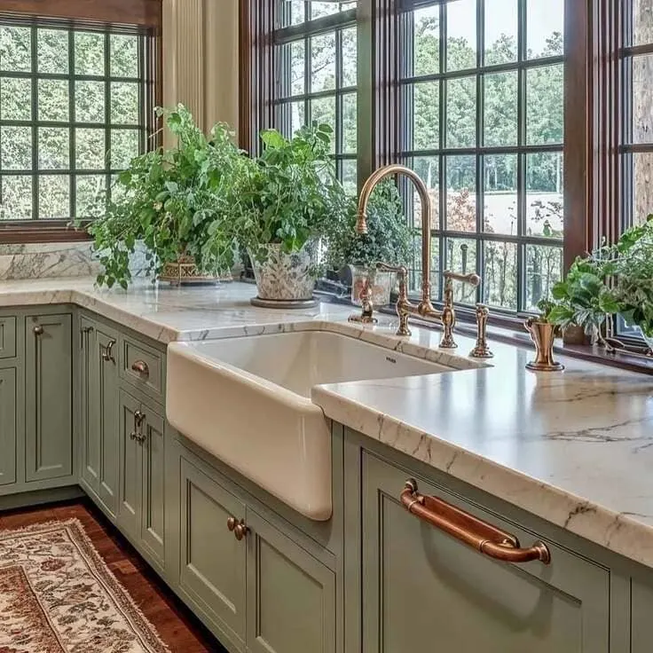 French country kitchen with green cabinets and farmhouse sink