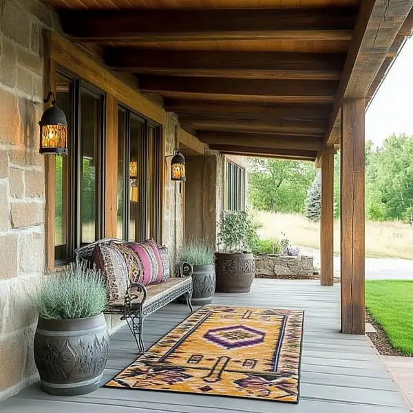 A rustic wood porch furnished with Moroccan-style hanging lanterns, a weathered bench with printed pillows, terra-cotta planters and a faded rug.