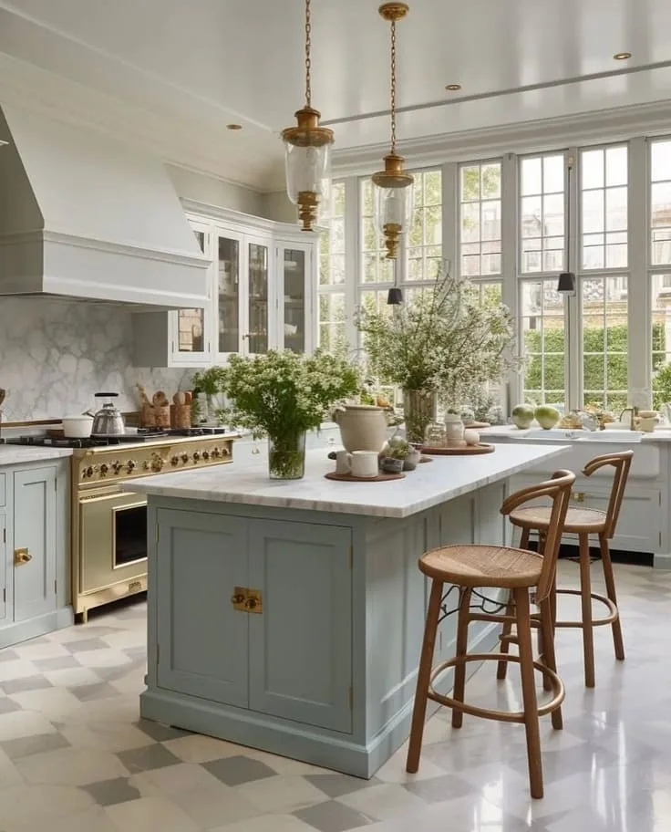 Elegant kitchen with soft pastel green cabinetry, brass fixtures, white marble countertops, and oversized windows flooding the space with light