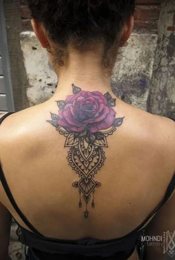 Purple Rose Tattoo on back of neck