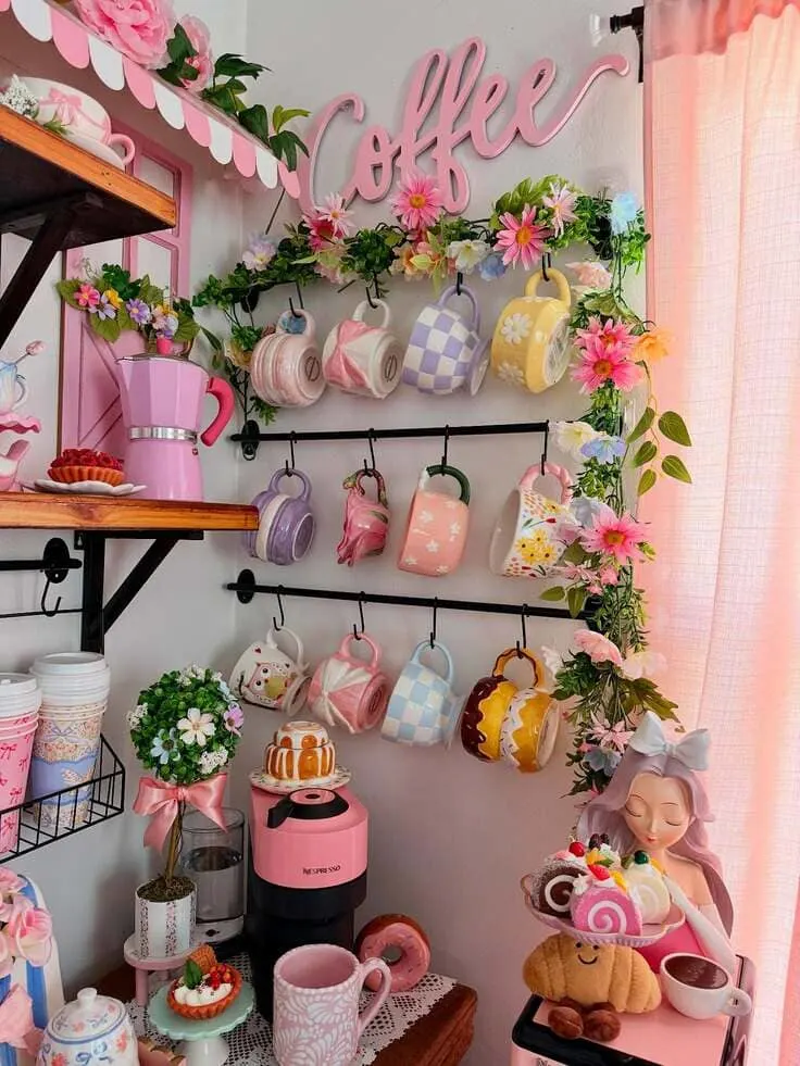 A pastel-perfect coffee corner with mugs, blooms, and cozy charm