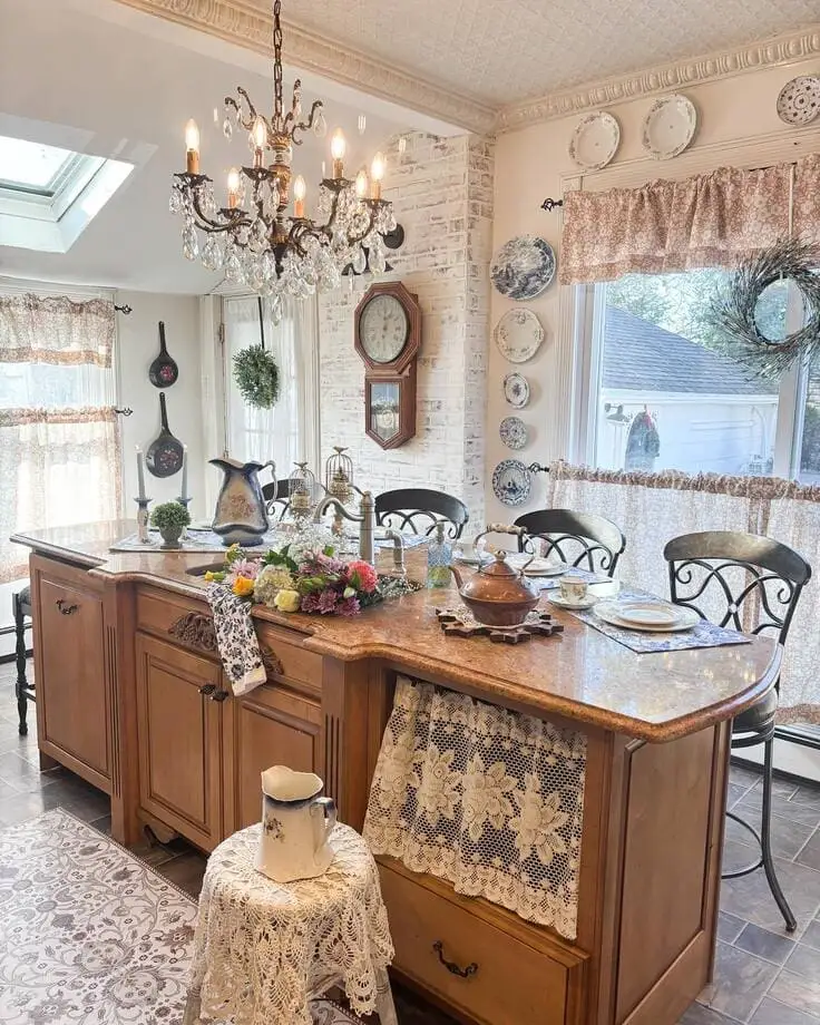French country kitchen with lace accents and wood island